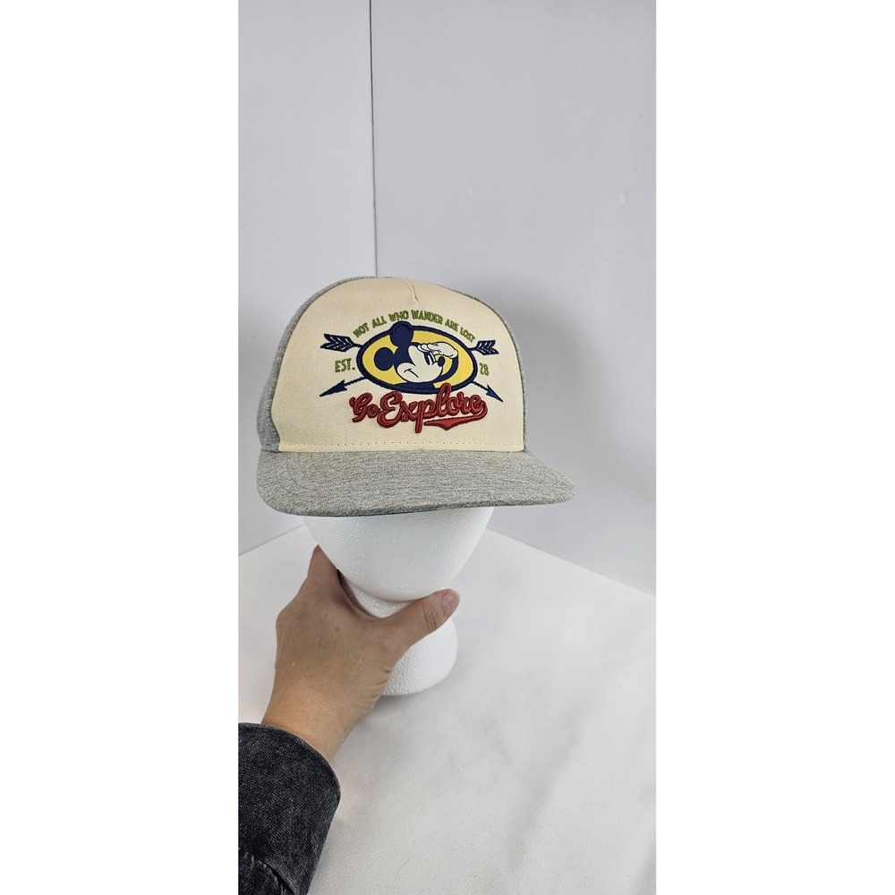 Mickey Mouse Hat Cap Snap Back Gray Blue Yellow Plaid "Go Explore"